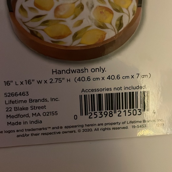 Gourmet Basics Lemon Rotating Tray, wood with iron handles. 16”L X 16”W X 2.75”H - Picture 17 of 17